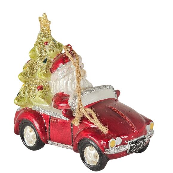 Santa in Red Convertible Car Ornament w/ Christmas Tree 2023 Glitter Holiday - Picture 4 of 14